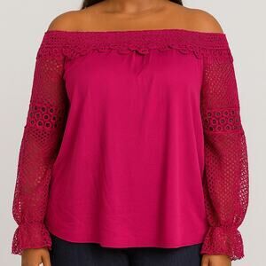Roaman’s Women’s 14W Magenta Off Shoulder Lace Sleeve Top Plus Size Boho Chic